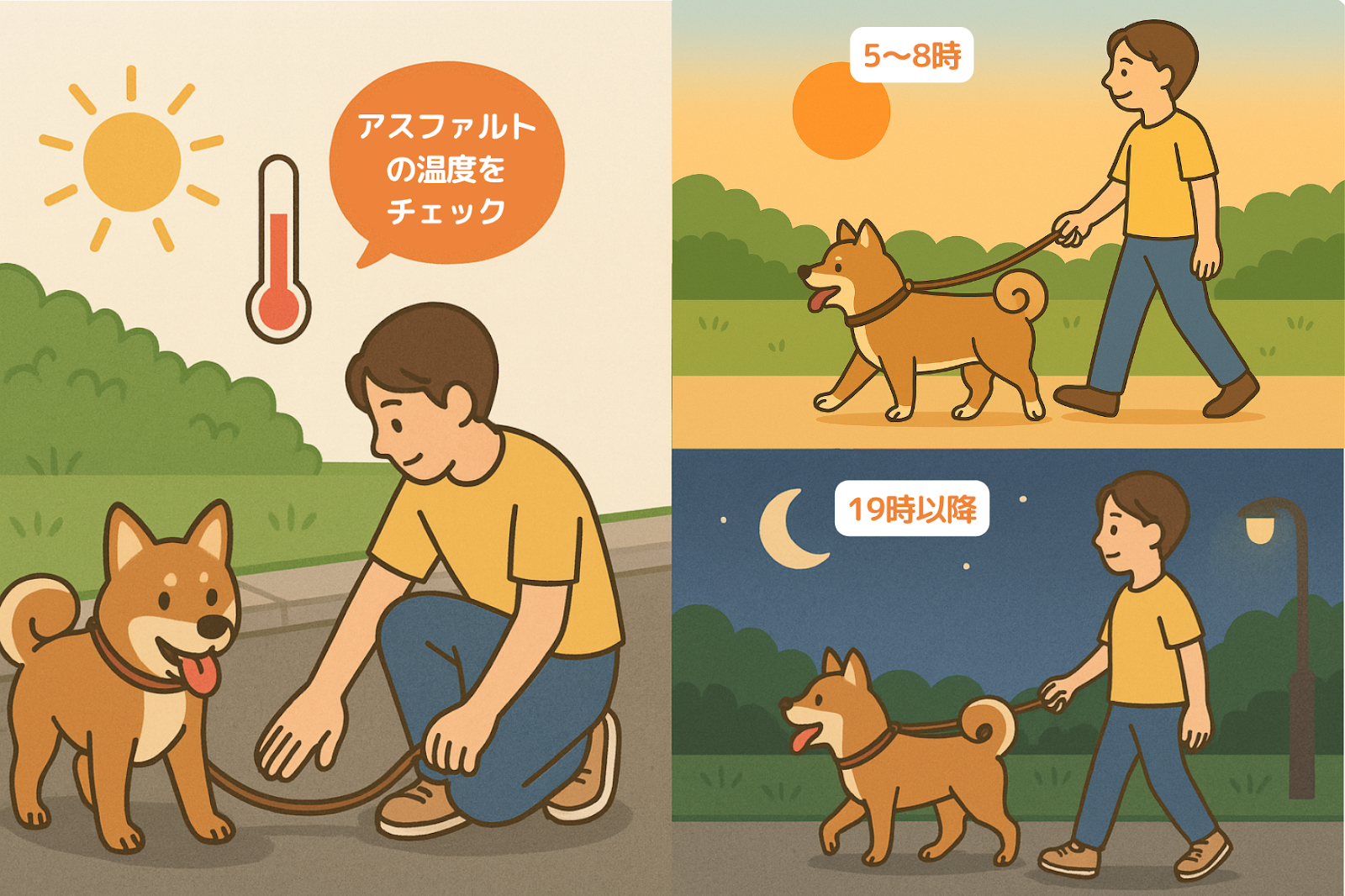 真夏の犬の散歩はアスファルトの温度を手で確認し、朝5〜8時や夜19時以降など涼しい時間帯に行うことを推奨するイラスト