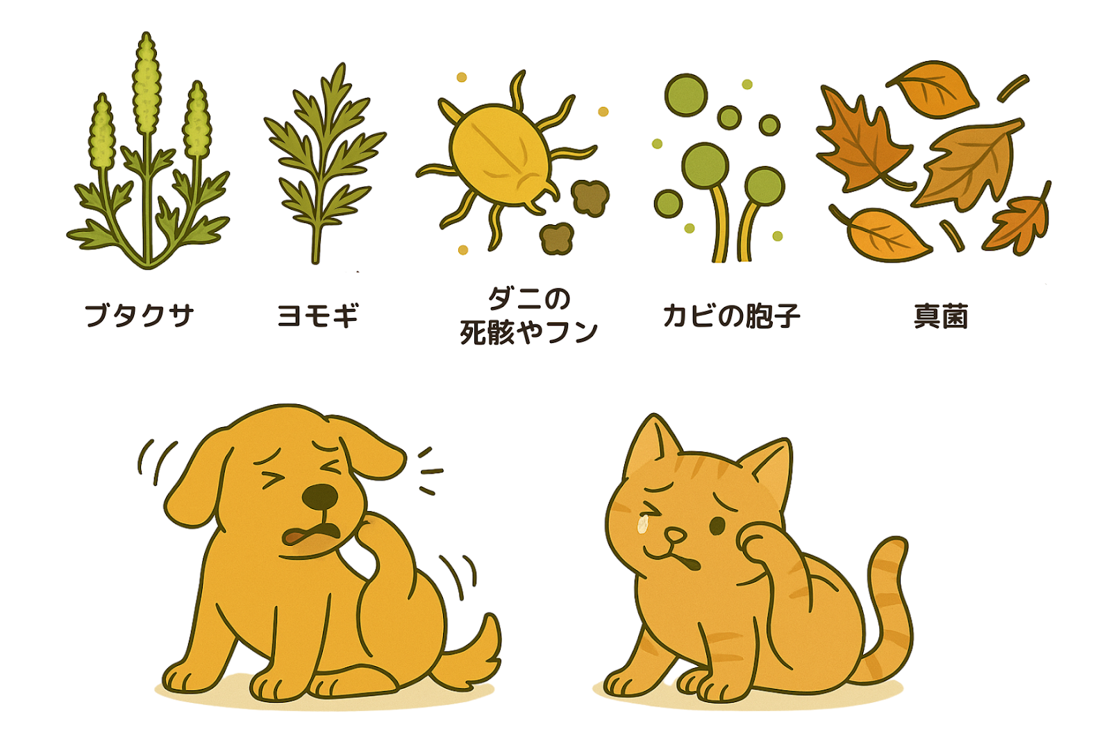 犬と猫がかゆがっている様子と、アレルギーの原因となる植物や環境アレルゲンのイラスト。ブタクサ、ヨモギ、ダニの死骸やフン、カビの胞子、真菌などが並び、それぞれが原因として示されている。